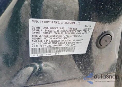 2019 Honda Passport Touring from USA, damaged, VIN 5FNYF7H97KB004936